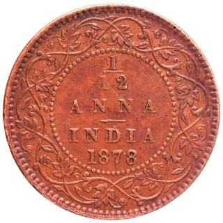 Copper One Twelth Anna Coin of Victoria Empress of Calcutta Mint of 1878.