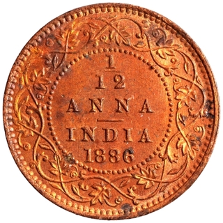 Copper One Twelfth Anna Coin of Victoria Empress of Calcutta Mint of 1886.