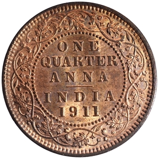 Copper One Quarter Anna Coin of King George V of Calcutta Mint of 1911.