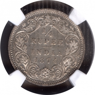 Silver One Quarter Rupee Coin of Victoria Queen of Bombay Mint of 1874.