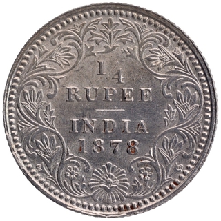 Silver One Quarter Rupee Coin of Victoria Empress of Calcutta Mint 1878.