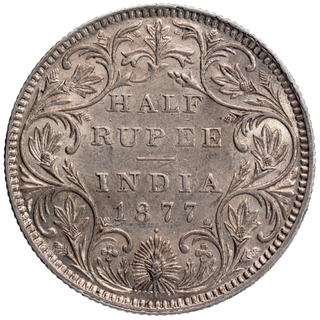 Extremely Rare Silver Half Rupee Coin of Victoria Empress of Bombay Mint of 1877.