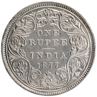 Silver One Rupee Coin of Victoria Empress of Bombay Mint of  1877.