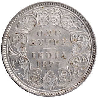 Silver One Rupee Coin of Victoria Empress of Calcutta Mint of 1877.