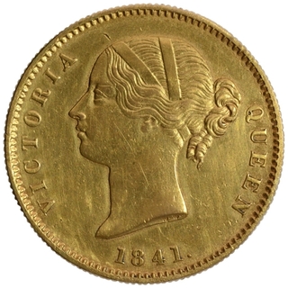 Gold One Mohur Coin of Victoria Queen of Calcutta Mint of 1841.