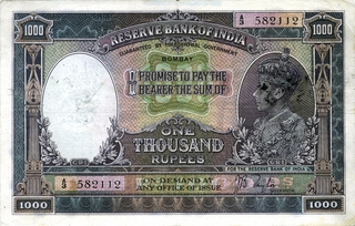 One Thousand Rupees Bank Note Signed By J B Taylor of King George VI of 1938.