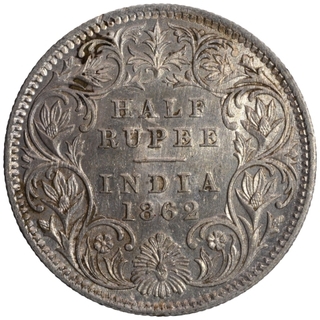 Error Silver Half Rupee Coin of Victoria Queen of Calcutta Mint of 1862.