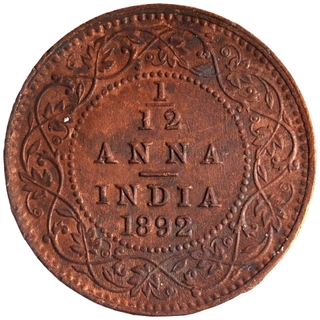 Copper One Twlfth Anna Coin of Victoria Empress of Calcutta Mint of 1892.