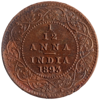 Copper One Twelfth Anna Coin of Victoria Empress of Calcutta Mint of 1893.