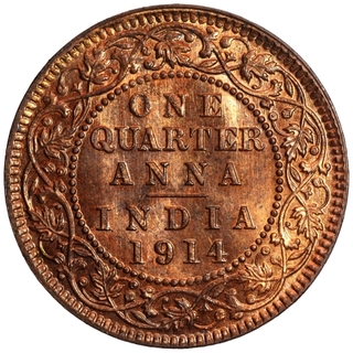 Copper One Quarter Anna Coin of King George V of Calcutta Mint of 1914.