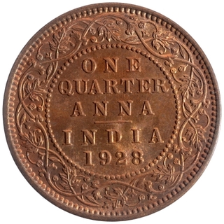 Copper One Quarter Anna Coin of King George V of Calcutta Mint of 1928.