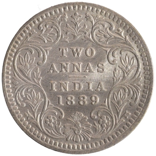 Silver Two Anna Rupee Coin of Victoria Empress of Calcutta Mint of 1889.