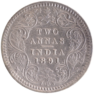 Silver Two Annas Coin of Victoria Empress of Calcutta Mint of 1891.