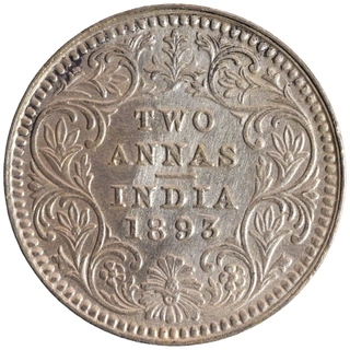 Silver Two Annas  Coin of Victoria Empress of Calcutta Mint of 1893.