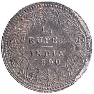 Silver Quarter Rupee Coin of Victoria Empress of Calcutta Mint of 1890.