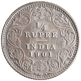 Silver Quarter Rupee Coin of Victoria Empress of Calcutta Mint of 1901.