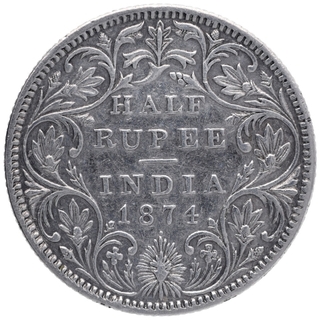 Silver Half Rupee Coin of Victoria Queen of Bombay Mint of 1874.