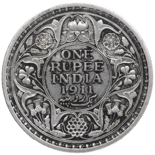 Silver One Rupee Coin of  King George V of Calcutta Mint of 1911.