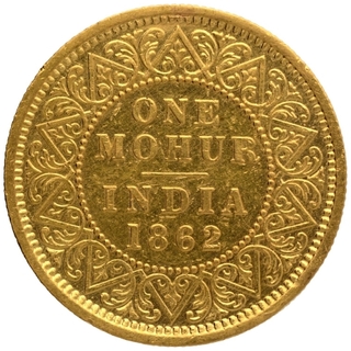 Gold One Mohur Coin of Victoria Queen of Calcutta Mint of 1862.