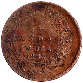 Error Copper One Twelfth Anna Coin of Victoria Empress of Calcutta Mint of 1886.