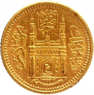 Gold One Eigth Ashrafi Coin of Mir Usman Ali Khan of Haidarabad Farkhanda Bunyad Mint of Hyderabad State.