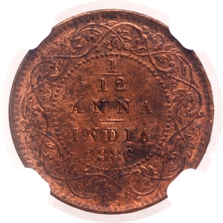 Copper One Twelfth Anna Coin of Victoria Empress of Calcutta Mint of 1886.