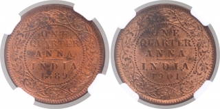 Copper One Quarter Anna Coins of Victoria Empress of Calcutta Mint of 1889 and 1901.