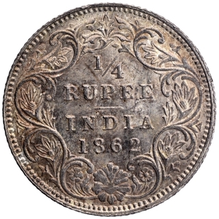 Silver Quarter Rupee Coin of Victoria Queen of Calcutta Mint of 1862.