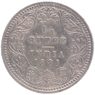 Silver Quarter Rupee Coin of Victoria Empress of Calcutta Mint of 1881.