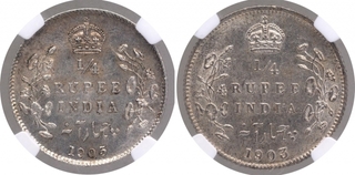 Silver Quarter Rupee Coins of King Edward VII of Calcutta Mint of 1903 & 1905.