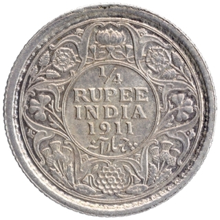 Silver Quarter Rupee Coin of King George V of Calcutta Mint of 1911.