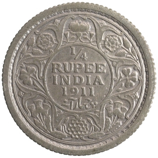 Silver Quarter Rupee Coin of King George V of Calcutta Mint of 1911.