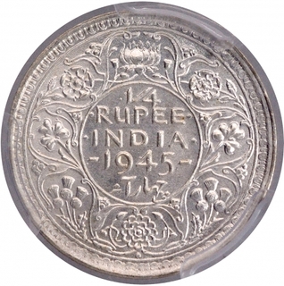 Silver Quarter Rupee Coin of King George VI of Bombay Mint of 1945.