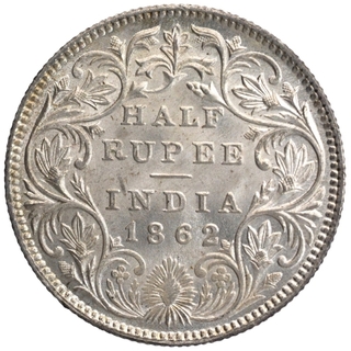 Silver Half Rupee Coin of Victoria Queen of Bombay Mint of 1862.