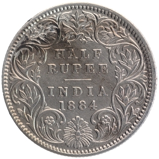 Silver Half Rupee Coin of Victoria Empress of Calcutta Mint of 1884.