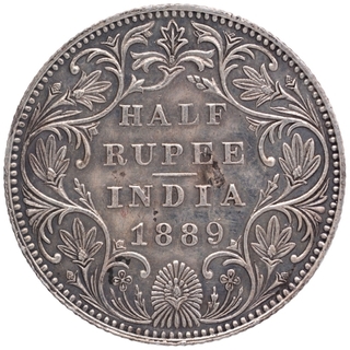 Silver Half Rupee Coin of Victoria Empress of Bombay Mint of 1889.