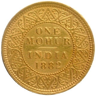 Gold One Mohur Coin of Victoria Empress of Calcutta Mint of 1882.