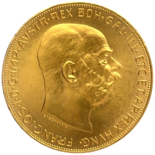 Gold One Hundred Coronas Coin of  Franz Joseph I of Austria.