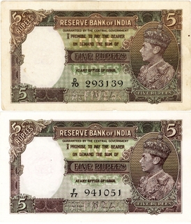 Five Rupees Bank Notes of King George VI Signed by J.B.Taylor of 1938.