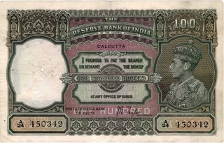 One Hundred Rupees Bank Note of King George VI Signed by J.B.Taylor of Calcutta Circle.