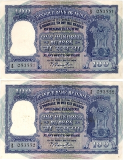 One Hundred Rupees Bank Notes Signed by  B.Rama Rao of Delhi Circle.