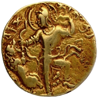 Exceedingly Rare Gold Dinar Coin of Chandragupta II of Gupta Dynasty of Lion slayer type.