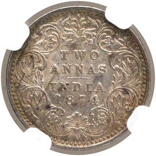 Silver Two Annas Coin of Victoria Queen of Bombay Mint of 1874.