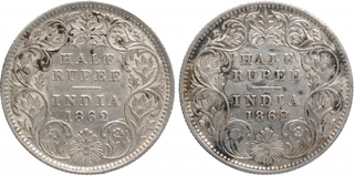 Silver Half Rupee Coins of Victoria Queen of Calcutta Mint of 1862.