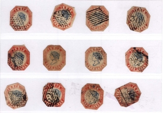 1854 Four Annas Lithographed rare Stamps collection of 12 stamps of Die & Post mark Variation.