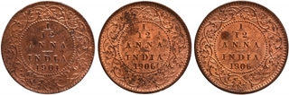 Copper One Twelfth Anna Coins of Victoria Empress and King Edward VII of Calcutta Mint of 1901 and 1906.