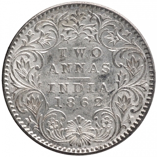 Silver Two Annas Coin of Victoria Queen of Calcutta Mint of 1862.