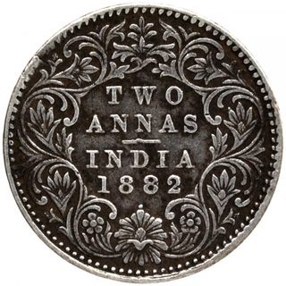 Silver Two Annas Coin of Victoria Empress of Bombay Mint of 1882.