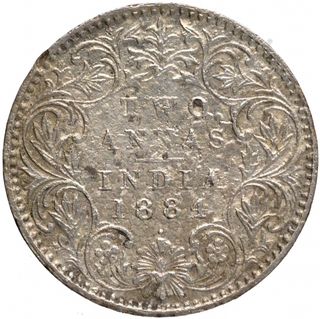 Silver Two Annas Coin of Victoria Empress of Bombay Mint of 1884.