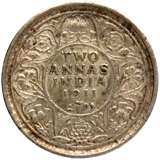 Silver Two Annas Coin of King George V of Calcutta Mint of 1911.